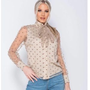 TAN POLKA DOT SHEER CAT BOW LONG SLEEVE BLOUSE A LAVALLIERE